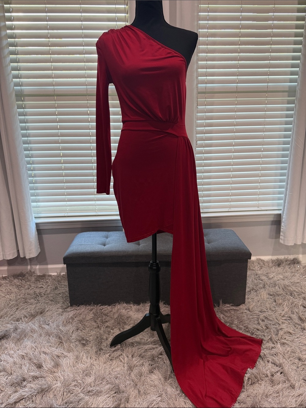 Asymmetric One-Shoulder Red Dress with Draped Train